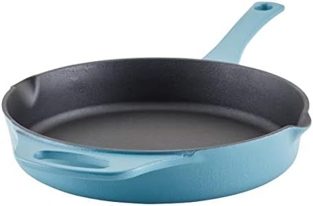 Rachael Ray Nitro Cast Iron Fryin Pan/Skillet with Helper Handle and Pour Spouts, 12 Inch - Red