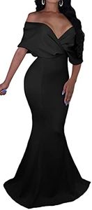 GOBLES Women Sexy V Neck Off The Shoulder Evening Gown Fishtail Maxi Dress (M, Black)