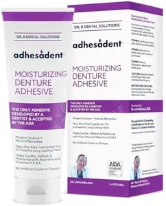 Dr. B Dental Solutions Adhesadent Moisturizing Denture Adhesive - Secure Denture Glue with Strong Grip & Natural Taste - Zinc-Free Dental Adhesive for Dentures, Overdentures - 2.4 oz (2 Pack)