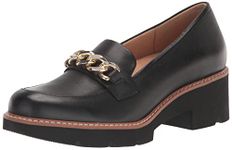 Naturalizer Womens Desi Chain Detail Platform Lug Sole Heeled Loafer, Black Leather, 10 Wide