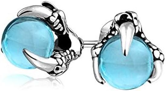 Gothic Punk Rocker Biker Jewelry Aqua Blue Translucent Ball Orb Dragon Claw Stud Earrings For Men For Women Silver Tone Black Oxidized Stainless Steel