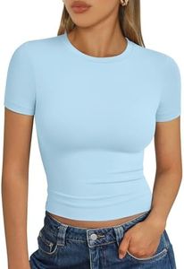 Trendy Queen Womens Basic T Shirts Scoop Neck Short Sleeve Crop Tops Slim Fit Summer Tees Y2k Clothing 2025 Baby Blue XS