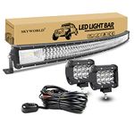 SKYWORLD 52 inch 675W Curved LED Light Bar with 12V Wiring Harness Kit, 2 Pcs 4 inch 36W Spot Led Pods Light, Offroad Bar Lamp Driving Fog Lights for 4x4 Car Off Road Truck SUV Vehicle Boat