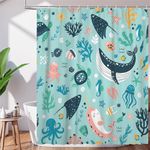 DuriLolly Kids Sea Animal Shower Curtain 71x71 inch Funny Cartoon Underwater Whale Dolphin Octopus Fish Turtle Cute Sealife Boys Girls Blue Ocean Bathroom Decor Soft Waterproof Fabric with Hooks