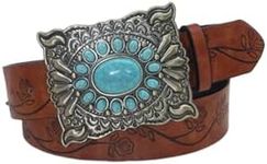 GORGLITTER Women's Boho Floral Embossed Belt Turquoise Square Buckle Vintage Leather Belt Brown suit waist size:29.5-33.5"