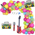 90s 80s Theme Party Decorations, 90Pcs Balloon Arch Garland Kit 6PCS Inflatable Retro Disco Ball Microphone Rainbow Roller Skate Boom Box Guitar Balloon for Back to 90s 80s Hip Hop Birthday Supplies