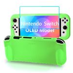 Teyomi Silicone Case Compatible with Nintendo Switch OLED Model 2021, Shockproof Protective Cover with Tempered Glass Screen Protector, Ergonomic Grip Case for Switch OLED, 2 Game Cards Slots(Green)