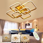 XEMQENER LED Dimmable Ceiling Lights with Remote, Chandelier Ceiling Light with 6 Squares, Flush Mount Ceiling Lamp for Living Room Kitchen Office Bedroom Dining Room(2800k-6000k, Gold, 10-20㎡)