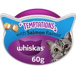 WHISKAS Temptations - Tasty, Crunchy Treats for Adult Cats, Small Bite Size Snacks with a Delicious Salmon Flavour Filling, 8 x 60 g Packets - Pack May Vary