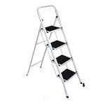 Foldable 4 Step Steel Ladder - Non Slip Tread Stepladder Safety Kitchen, Home, Industrial DIY | Steel Construction Strong & Durable, Long Lasting, Fold Space Saving