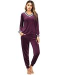 Irevial Women's Striped V Neck Velour Tracksuit Two Piece Sweatsuits Sets with Pocket (Wine Red-2, X-Large)