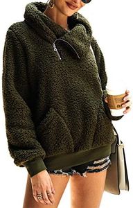 KIRUNDO Women's 2025 Winter Lapel Fuzzy Fleece Sweatshirt Faux Shearling Zipper Warm Sherpa Pullover Outwear With Pockets(X-Large, Army Green)