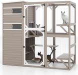 PetsCosset Catio Outdoor Cat Enclosure Cat House Weatherproof Large Window Cat Patio,4 Story Wooden Kitten Cage with Waterproof Roof,3 Resting Rooms,7 Platforms,Open Doors - 77" H