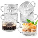 6 Pcs Vintage Glass Coffee Mugs, 15 oz Clear Embossed Glass Tea Mug, Stackable Glass Coffee Cups with Handle for Cappuccino Latte Espresso Cereal Yogurt Beverage