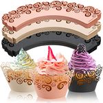 Lyellfe 150 Pieces Lace Cupcake Wrappers, Vine Lace Cupcake Liners, Laser Cut Wedding Cupcake Liners for Birthday, Bridal Shower and Special Occasions, Black, Pink, Beige