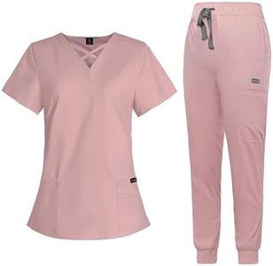 VIAOLI Scrubs for Women Set Modern V-Neck Top & 8 Pocket Jogger Pants Nursing Uniform Solid Stretch Workwear
