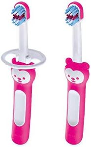 MAM Baby's Brush Set (2 Training Toothbrushes, 1 Safety Shield), Baby Toothbrushes with Brushy the Bear, Interactive App, For Girls 6+ Months, Pink