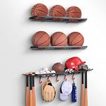 Mythinglogic Sports Equipment Storage Rack,Wall Mount Ball Rack Garage Organizer, 3 Separate Ball Storage Rack for Basketball, with Hooks