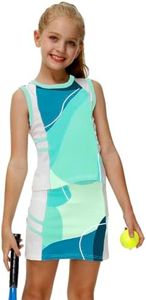 AOBUTE Girls Tennis Golf Outfit Tank Top and Skirt with Shorts Set 4-12 Years, Blue Green, 9-10 Years