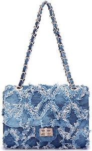 MKP Women Small Shoulder Bags Quilted Crossbody Distressed Jean Denim Purse Evening Bag Clutch Handbag with Chain Strap, Denim Blue, 10"W x 8"H x 3.5"D