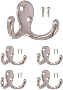 HowTool Household Hardware Double Prong Robe Hook with Screws, 5 Pack Brushed Nickel