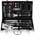 POLIGO 26PC Exclusive BBQ Accessories Kit Stainless Steel BBQ Set Utensils Premium BBQ Tools Set for Camping Smoker Kitchen - Barbecue Accessories in Aluminum Case, Christmas Birthday Gifts for Men