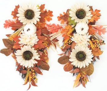 Perfnique 2Pcs Fall Teardrop Swag, 20'' Floral Flower Swags for Decorating, Sunflower Pumkins Autumn Teardrop Wreath, Front Door Wall Window Decor for Thanksgiving Harvest Halloween (White Sunflower)