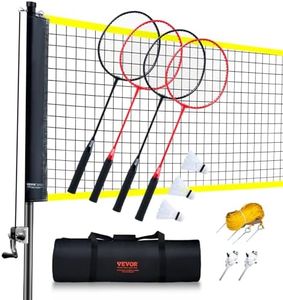 VEVOR Badminton Net Set, Outdoor Backyard Beach Park Badminton Net, Portable Badminton Equipment Set, Adults Kids Badminton Net with Poles, Carrying Bag, 4 Iron Rackets, and 3 Nylon Shuttlecocks