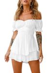 Women Puff Sleeve Square Neck Romper Dress Off Shoulder Ruffle Shorts Smocked Layered Flowy Jumpsuit Beach Swing Dress (A-White, M)