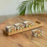 ExclusiveLane 'The Hut' Ceramic Chutney & Dip Bowls with Wooden Tray (Set of 4, 80 ml) | Hand-Painted Chutney & Dip Bowls with Tray Bowl for Kitchen Dining Table Bowl Set Serveware