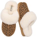 EverFoams Women's Sheepskin Slippers Fuzzy Suede House Shoes Leopard,5-6 US