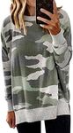 ECOWISH Women Side Split Sweatshirt: Fall Crewneck Long Sleeve Oversized Camo Shirts Casual Camouflage Print Pullover Tops 017 Gray Green 2XL