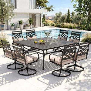 PHI VILLA 9 Pieces Outdoor Dining Set for 8, 60" Square Black Metal Table & Wrought Iron Swivel Chairs, All Weather Large Outside Furniture with Cushions & Pillows for Patio, Deck, Porch