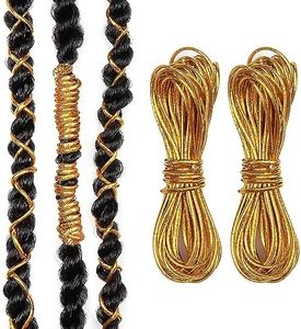 Hair Braiding Thread 2PCS Metallic Elastic Cords,Braid Accessories,Dirty Braid Wig Braided Headpiece,Metal Braids for Braids Christmas Paking Gift Wrapping Hanging (Gold)