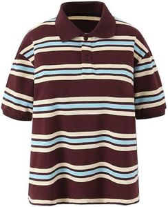 CUFEZN Womens Striped Knit Polo Shirts Short Sleeve Collared Shirt Casual Summer Pullover Sweater Tee Tops Brown Medium