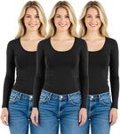 Emmalise Women's Junior and Plus Size Basic Scoop Neck Tshirt Long Sleeve Tee, 1xl, 3Pk 3 Black