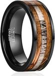 NUNCAD Black Tungsten Ring for Men Whiskey Barrel Wood Deer Antler Center Inlay Wedding Band Flat Edge Comfort Fit Size 7-12, 12, Tungsten Carbide, No Gemstone