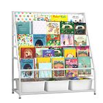 JAQ Kids Bookcases with Storage Bins, 6-Tier Metal Bookshelves Rack on Display with Storage Boxes Organizer in Study Room Playrooms Bedroom for Preschooler Children (6-tier/37.01inch,White)
