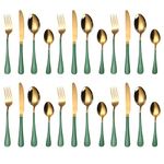 Yelona Combo Set of 24 Premium Gold Green Handle Daily Use Cutlery Stainless Steel Luxury Dinnerware Flatware Serving Spoon Fork Knife Reusable Mirror Finish for Home Kitchen Dining Table and Gifts