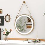 Multigot LED Bathroom Mirror, 600mm Hanging/Wall Mounted Anti-Fog Makeup Mirror with 3-Color Dimmable, Touch Switch and Strap, Large Illuminate Round Mirror for Entryway Living Room (Silver + Gold)