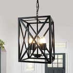 DLLT Black Pendant Lighting Fixture, 4-Light Metal Cage Farmhouse Ceiling Lighting, Industrial Hanging Chandelier for Living Room, Kitchen Island, Hallway, Dining, 4*E26 Socket (Bulbs not Included)