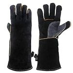 Kim Yuan Extreme Heat & Fire Resistant Gloves Leather with Kevlar Stitching,Perfect for Fireplace, Stove, Oven, Grill, Welding, BBQ, Mig, Pot Holder, Animal Handling, Black-Grey 14in/35cm 1 Pair