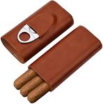 W WHEEL UP 3-Finger Leather Humidors Handmade Cedar Wood Lined Cigar Box Humidor with Silver Stainless Cigar cutter (Brown)