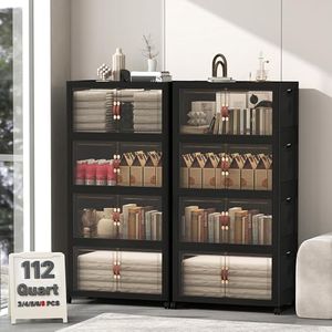 UAMFURI Stackable Storage Bins with Lids, Extra Large Plastic Organizer Cabinet Drawers, 896QT Collapsible Closet Containers with Doors and Wheels,For Bedroom, Office, Garage,(8Pack Cube)