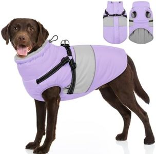 SUNFURA Warm Dog Coat XXXL Dog Winter Jacket with Harness Built in | Reflective Dog Winter Coat Puffer Jacket with Turtleneck, Waterproof Fleece Snowsuit for Extra Large Dogs, Light Purple 3XL