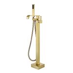 Freestanding Bathtub Faucet, Tub Filler Floor Mount Faucets Brass Single Handle with Hand Shower Square High Flow Bath Shower Mixer Taps with Rainfall Hand Shower Waterfall Spout,Brushed Gold