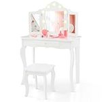 Maxmass Kids Dressing Table and Stool Set, 2-in-1 Children Vanity Table with Detachable Tri-folding Mirror, 3-Color Lighting & Drawer, Wooden Princess Make up Desk Set for Girls (White)