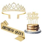 Birthday Decorations for Women, Including Birthday Queen Sash, Birthday Crown for Women, Birthday Cake Topper, Birthday Candles Gold. Birthday Queen Sash and Tiara, Gold Birthday Party Supplies
