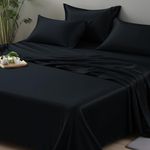 LINENWALAS Single Flat Sheet Only, 100% Bamboo Bedding Silk Top Bed Sheet, 300 Thread Count Premium Naturally Cooling Black Sheet (180x275 cm, Jet Black)