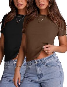 LOMON Womens Short Sleeves Shirts 2 Pack Ribbed Summer Basic Tees Going Out Tops for Teens One Black and One Brown Medium